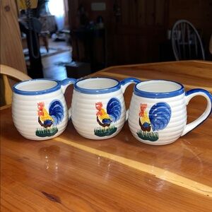 Hand-Painted Rooster Ceramic Mug - Blue Trim (Set of 3) Alco Farm Country Decor